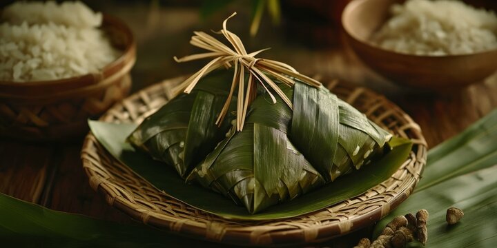Delight in the traditional Malay dish, ketupat daun palas, featuring glutinous rice elegantly wrapped in a triangular form using fan palm leaves, creating a unique rice dumpling experience.