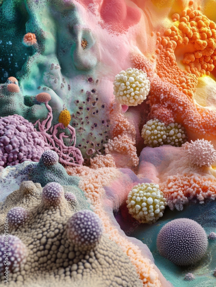 Poster exploring the vibrant and intricate world of bacteria with unique forms and textures in a colorful a