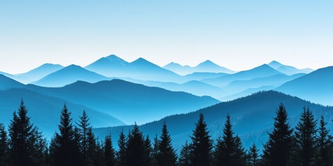 Naklejka premium Panoramic view showcasing layered mountain silhouettes beneath a clear blue sky, complemented by evergreen trees in the foreground, creating a stunning natural landscape scene.