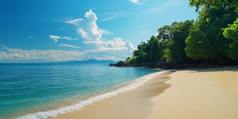 Obraz premium An untouched beach that offers tranquility and natural beauty, making it an ideal vacation or honeymoon destination. This serene beach provides a peaceful escape for relaxation and exploration.
