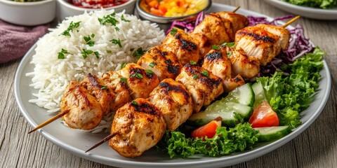 Juicy chicken kebab served alongside fragrant rice and fresh salad, beautifully arranged on a wooden background, showcasing the appeal of chicken kebab in a delicious presentation.