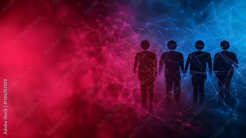 Poster vivid abstract representation of a network of figures in a digital environment with a blend of red a