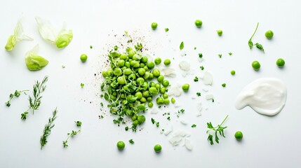 A deconstructed lima bean dish, isolated with ingredients scattered on a sleek white surface