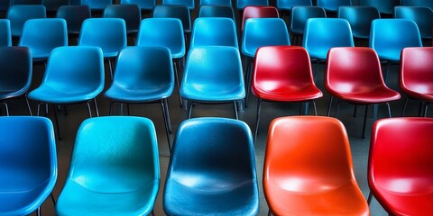Naklejka premium A series of seats arranged in rows, showcasing armchairs that are either blue or red in color.