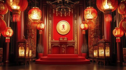 Obraz premium A majestic red podium, accented with gold detailing, surrounded by traditional lanterns, perfect for a cultural celebration.
