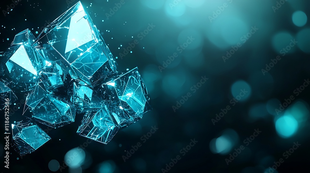 Poster abstract compositions of interlocking geometric shapes featuring crystalline structures with a blue 