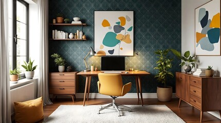 Modern Home Office with Abstract Art and Wooden Furniture