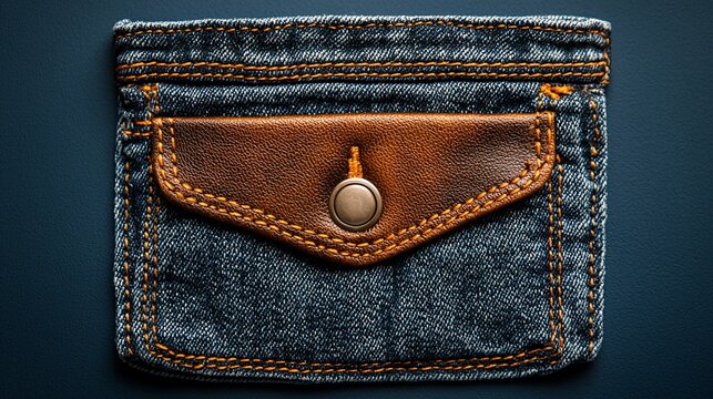 Close-up of a denim pocket with a leather patch and button.