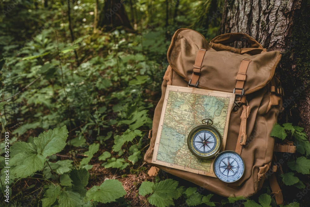 Aufkleber Compass and map resting on a backpack in a lush green forest during a sunny day. Generative AI