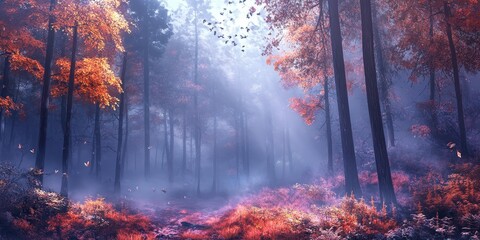 Enchanted forest landscape shrouded in autumn morning fog. This mystical forest, with its dreamlike scenery, captures the essence of wild nature. A stunning display of digital art.