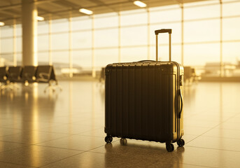 日差しが差し込む空港の待合所にキャリーケース