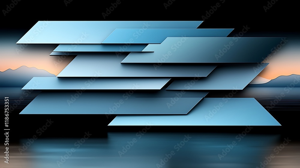 Poster abstract geometric floating shapes in futuristic design with layers and depth against a tranquil bac