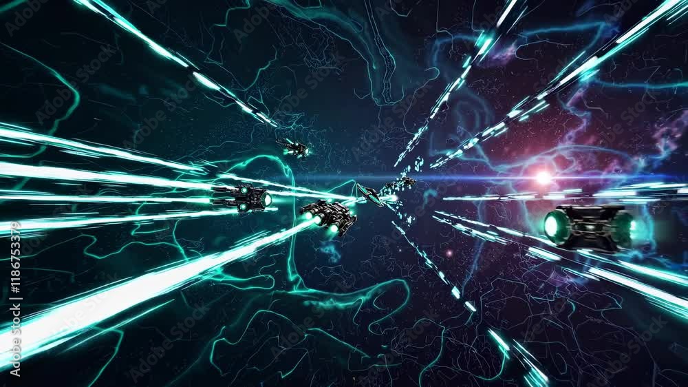 Aufkleber spaceships dash through vibrant cosmic landscape with dazzling light trails in deep space adventure