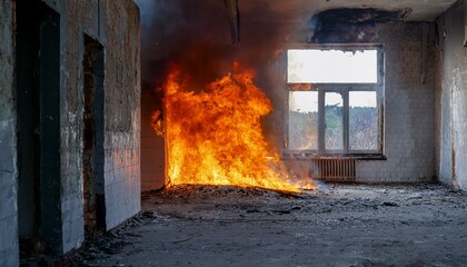 A gloomy scene of a fire breaking out in an abandoned building, flames spreading through the cracks in windows and doors