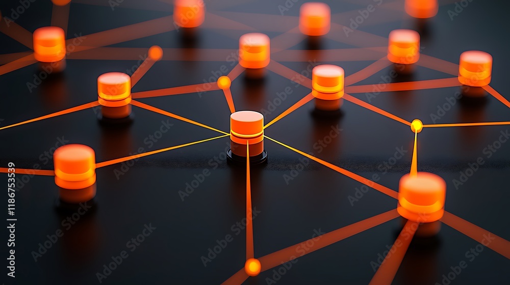 Poster abstract representation of a digital network with orange nodes and lines highlighting connectivity i