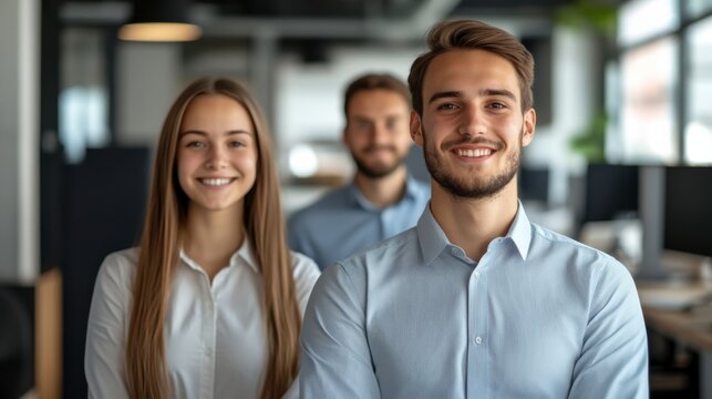 Smiling Team Portrait: A diverse group of young professionals radiate positive energy and teamwork, their smiles reflecting a shared sense of purpose and success.