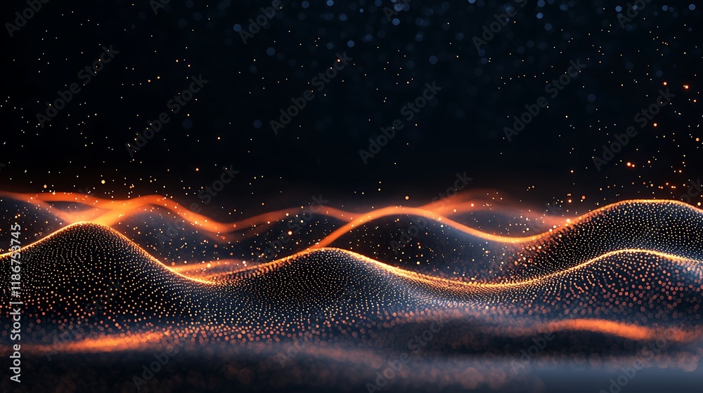 Poster abstract digital representation of network waves with flowing light particles in a dynamic night sky