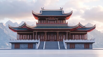 Naklejka premium A stunning 3D model of a traditional Chinese building, beautifully designed with ancient architecture, set against an elegant background.