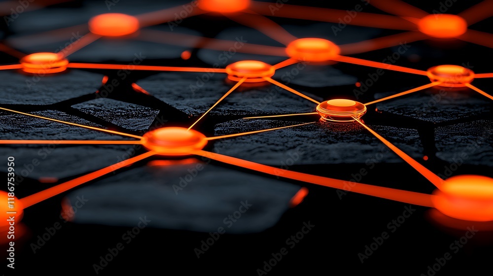 Poster abstract representation of a neural network with interconnected nodes and lines in vibrant orange an