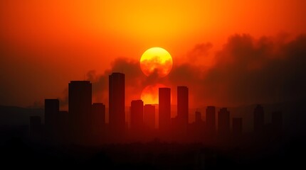Hauntingly Los Angeles Skyline at Sunrise After Devastating Wildfire – Apocalyptic Glow Amidst Smoke, fire in los Angeles, city in fire