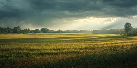 Obraz premium Summer landscape showcasing a field illuminated by sunlight, with sections of the field in light and shadow. The dramatic sky before the storm adds to the captivating summer landscape.