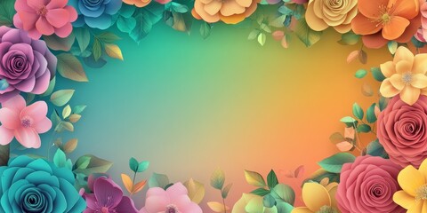 A vibrant floral rosette frame features a gradient background, showcasing a rich mix of colors in a circular arrangement of flowers presented in an elegant, curvy style.