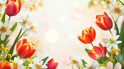 Spring themed banner featuring vibrant spring flowers, designed to create a cheerful atmosphere. This spring banner offers ample copy space for your messages and announcements in a festive style.