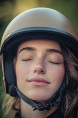 A woman sits comfortably with her eyes closed while wearing a helmet, suitable for use in images about safety, relaxation, or adventure
