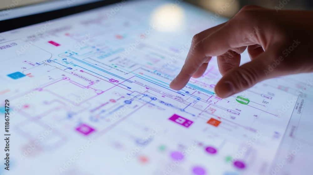 Poster engineer is using an interactive touchscreen to analyze a complex technical drawing, highlighting th