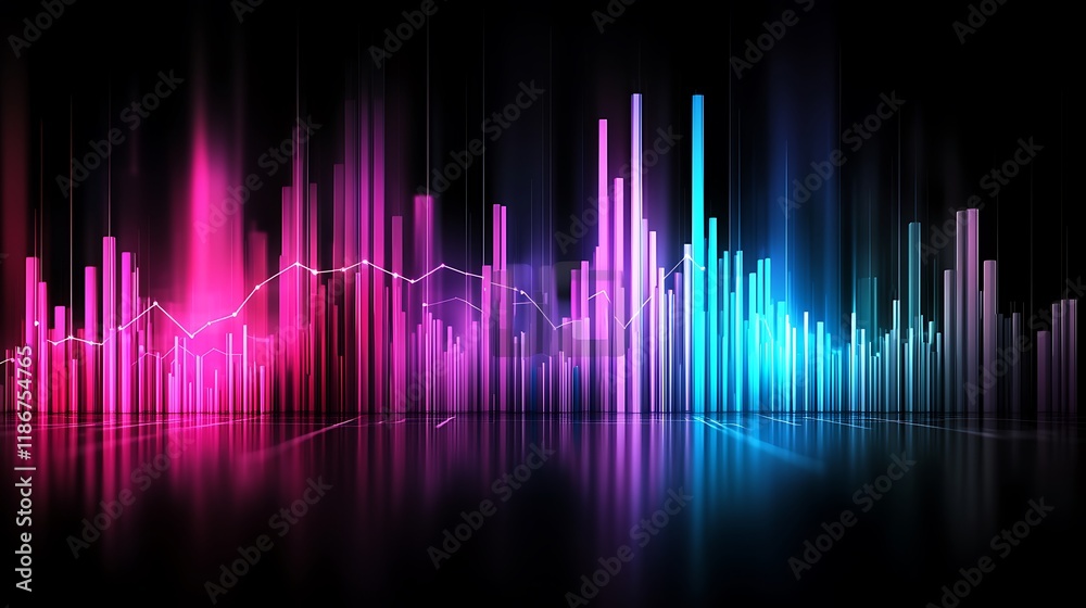 Poster abstract representation of big data analytics visualization with colorful bar graphs and dynamic tre