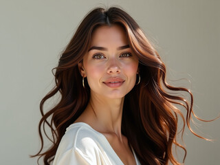 Naklejka premium Beautiful Brunette Woman With Long Wavy Hair Has Her Locks Flying In The Wind As Generated By Ai Software. 00003