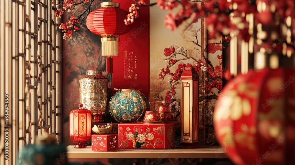 Poster a stylish and festive 3d product display background for chinese new year, complete with vibrant red 
