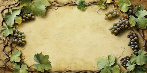 Vintage wine list menu featuring green grape leaves on aged blank paper. This textured old parchment serves as a unique template with grapevine motifs for your presentation of alcoholic beverages.