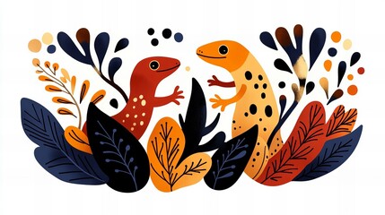 Obraz premium Two geckos nestled amongst stylized autumnal foliage. Warm colors and organic shapes create a whimsical scene.