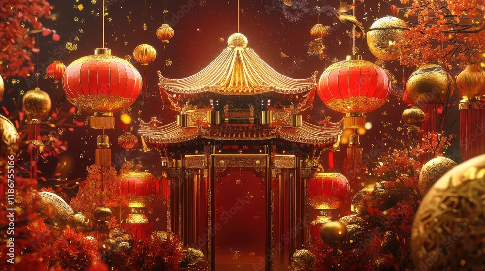Poster A stylish and festive 3D product display background for Chinese New Year, complete with vibrant red and gold colors, lanterns, and cultural motifs.