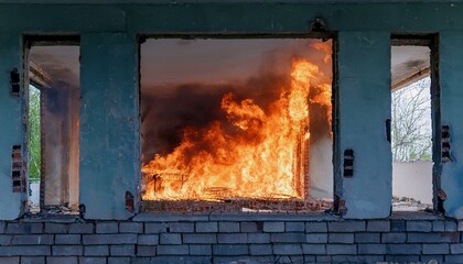 A gloomy scene of a fire breaking out in an abandoned building, flames spreading through the cracks in windows and doors