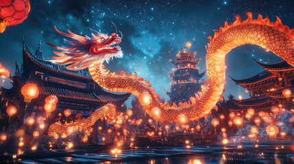 Obraz premium A stunning panoramic view of the Chinese Dragon Lantern Festival at night, showcasing vibrant dragons, glowing lanterns, and festive lights under a starry sky.