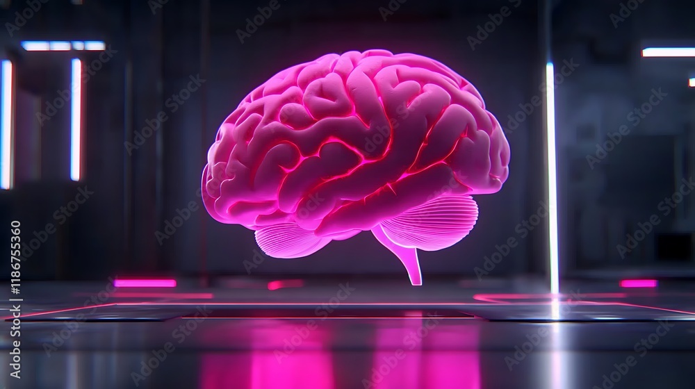 Poster abstract 3d rendering of a digital brain in neon colors with futuristic elements and modern art styl