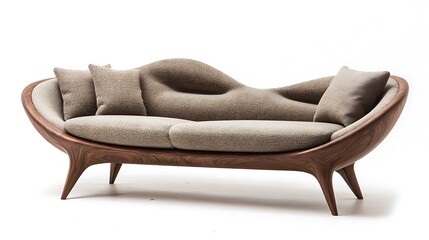 Unique sofa with a sculptural design, rich fabric cushions, and elegant wooden legs 
