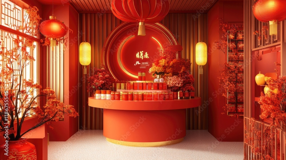 Poster a stylish and festive 3d product display background for chinese new year, complete with vibrant red 