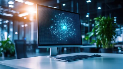 Modern Office Desk with Business Growth Charts on Screen