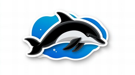 Obraz premium Playful dolphin sticker design in black and white, swimming in a vibrant blue ocean.