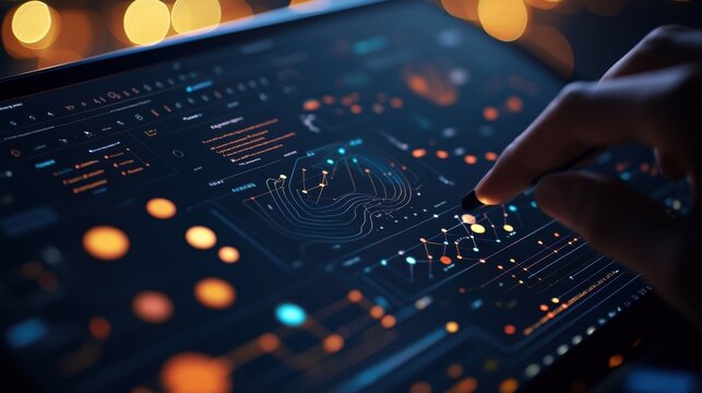 Engineer is using a futuristic control panel with complex schematics, managing an industrial manufacturing process with digital commands on a touchscreen