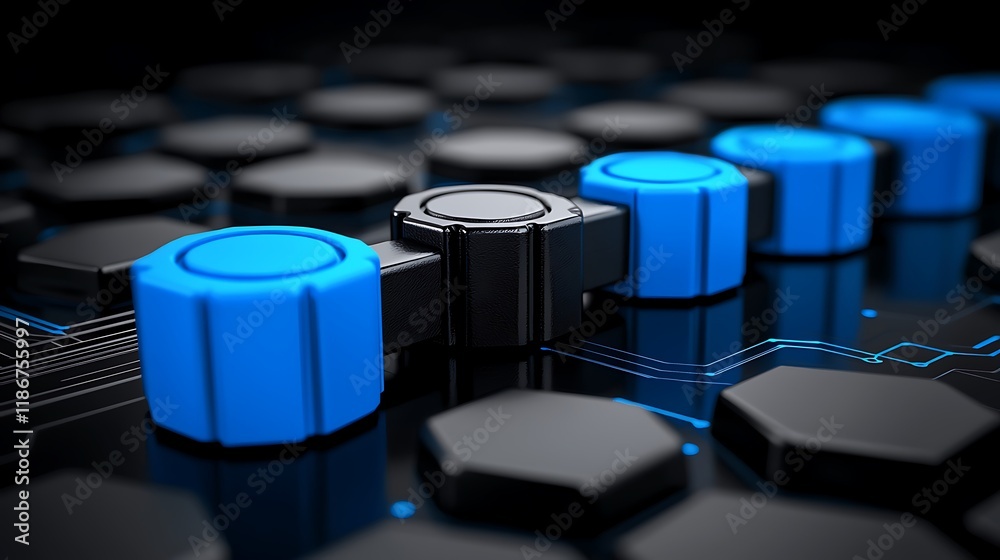 Poster close-up abstract image of a circuit board featuring hexagonal patterns and colorful components in a