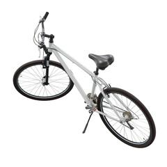 Naklejka premium White bicycle standing while leaning on kickstand, side back view. Bike resting on kick stand isolated on white background, 3D illustration