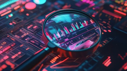a magnifying glass amplifies intricate line graphs and bar charts classic 8-bit aesthetics enhance the financial data soft neon glow accents edges creating a nostalgic gaming