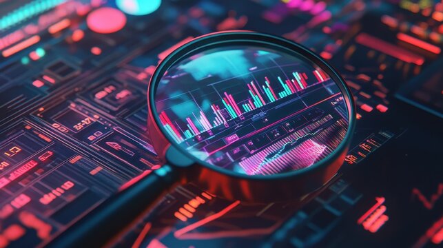 a magnifying glass amplifies intricate line graphs and bar charts classic 8-bit aesthetics enhance the financial data soft neon glow accents edges creating a nostalgic gaming - Powered by Adobe