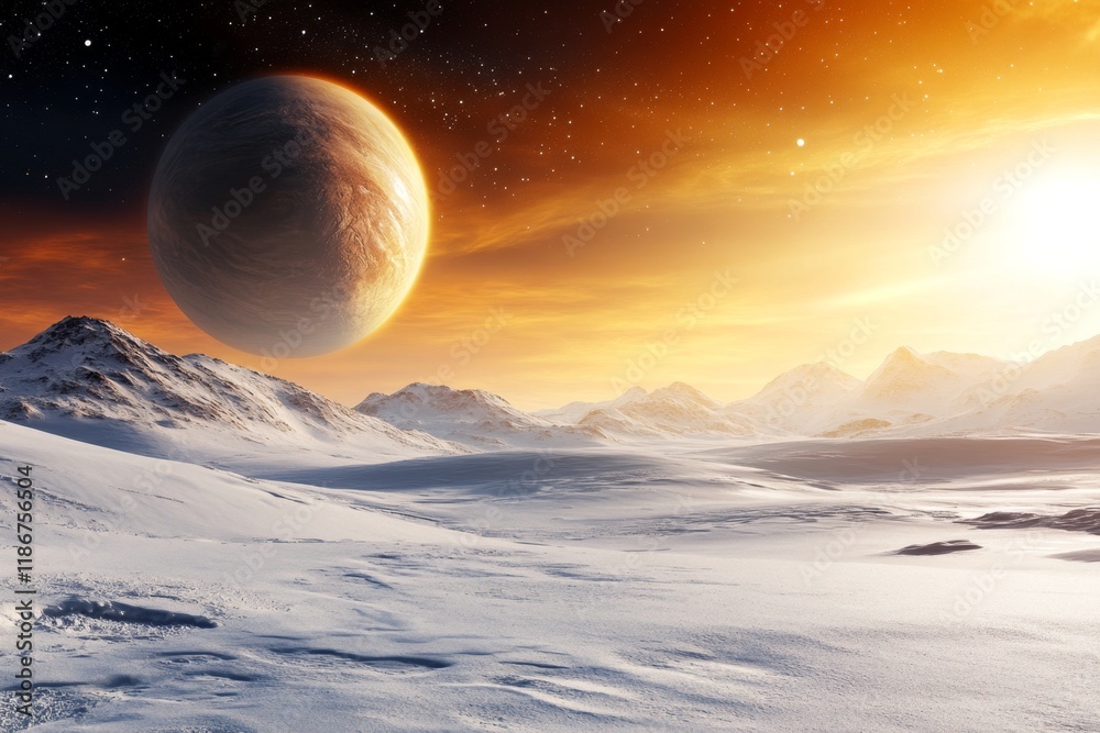 Poster A binary star system with two suns glowing brightly, their light casting long shadows across a barren alien landscape