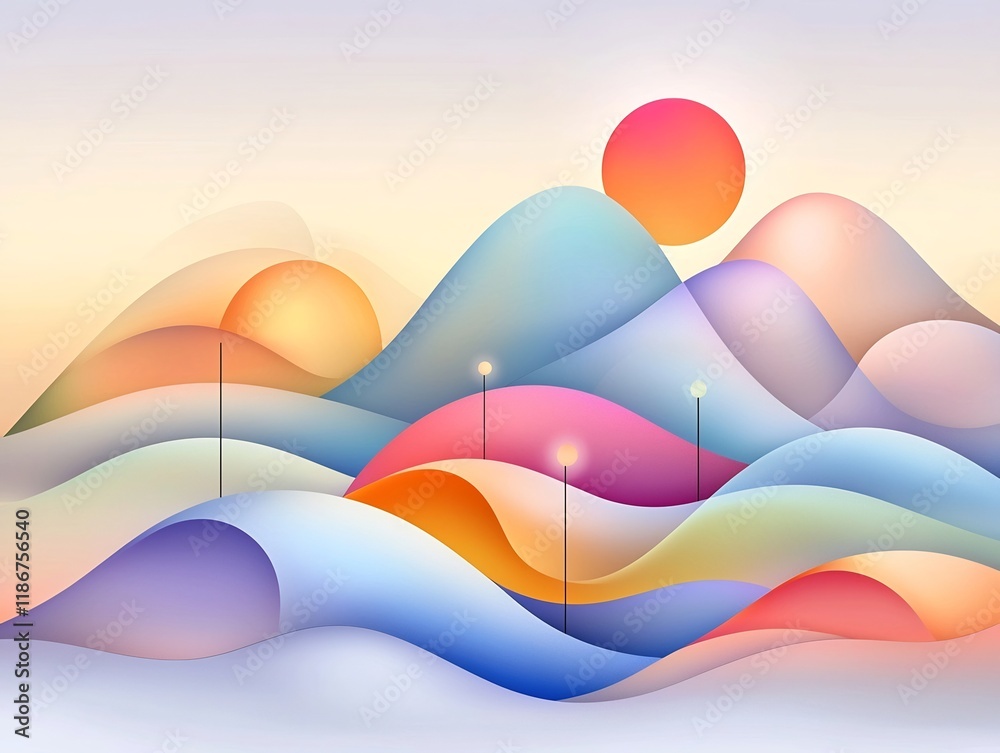 Poster captivating abstract digital of an ethereal cosmic landscape featuring undulating waves and curves w