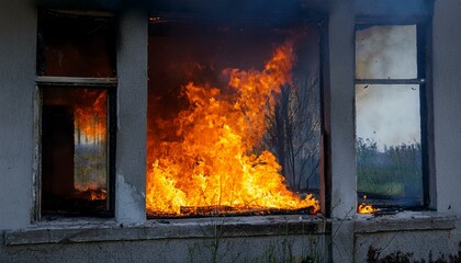 Fototapeta premium A gloomy scene of a fire breaking out in an abandoned building, flames spreading through the cracks in windows and doors